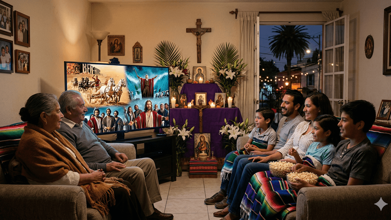 Family watching TV in a cozy living room with religious altar and festive lights.