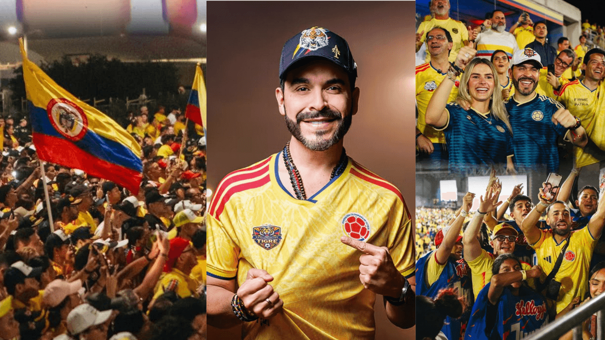 Fans celebrating in Colombia jerseys, holding flags, cheering in a stadium and portrait shots.