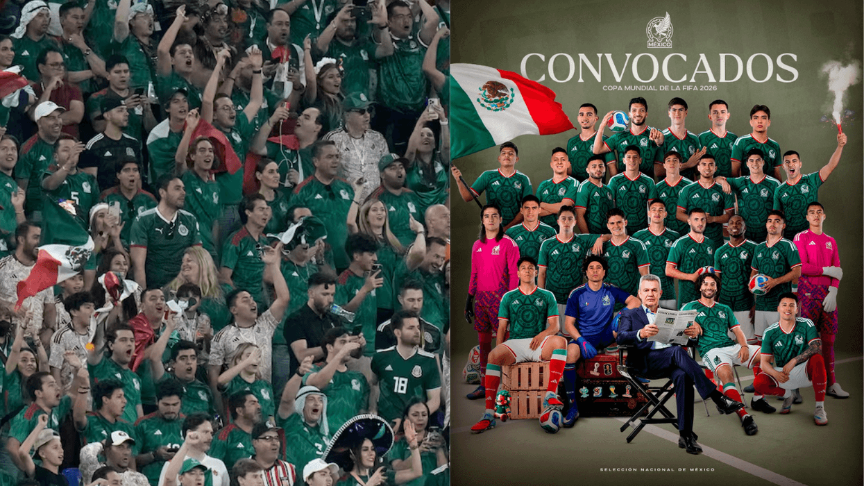 Fans cheering, team photo with "CONVOCADOS" text for FIFA 2026, Mexico flag displayed.