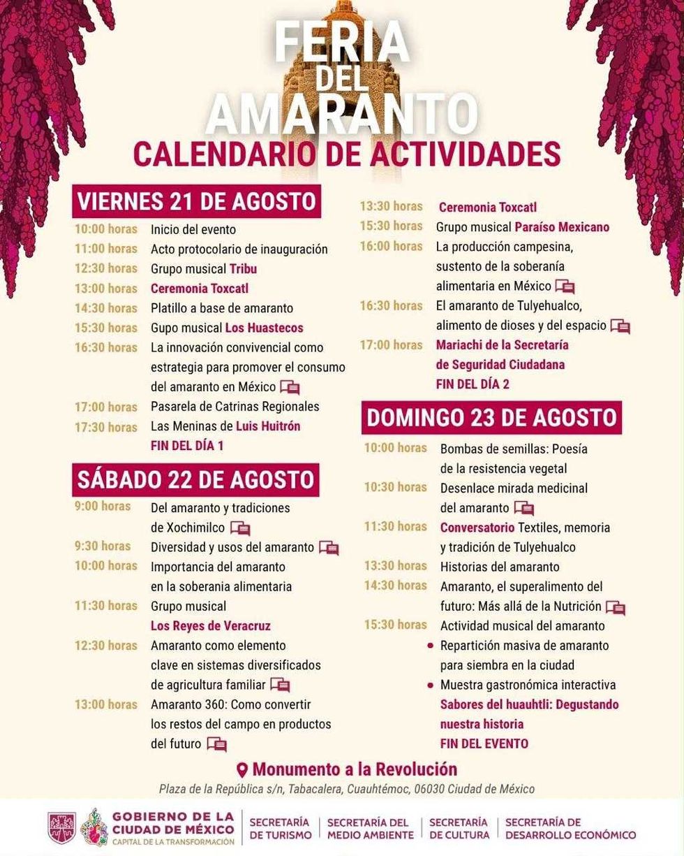 "Feria del Amaranto schedule, August 21-23, Mexico City, various events and musical acts."