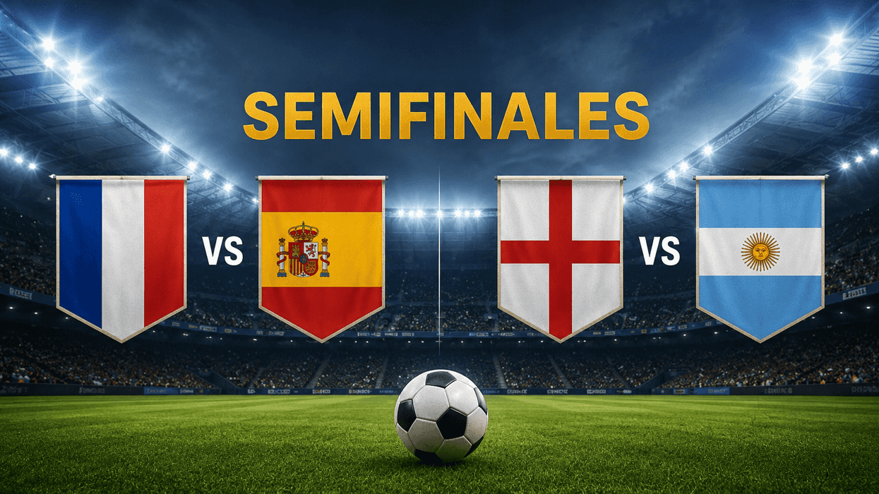 Flags and "SEMIFINALES" text in soccer stadium, France vs Spain, England vs Argentina.