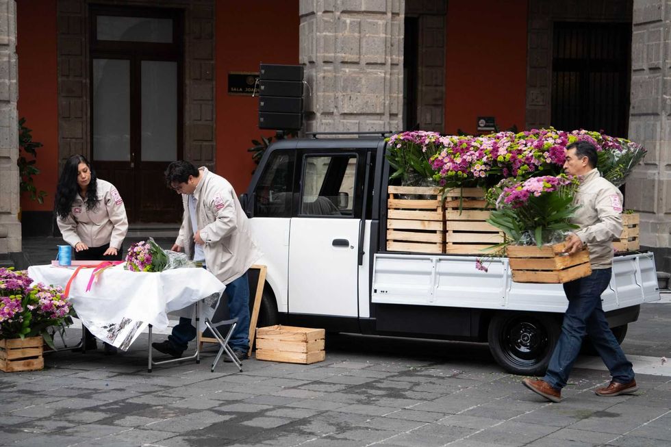 Florists arranging bouquets from a truck loaded with purple flowers in wooden crates.