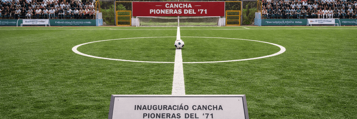 Football field inauguration with plaques and a central ball.