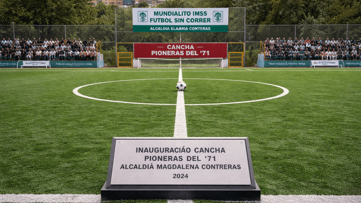 Football field inauguration with plaques and a central ball.