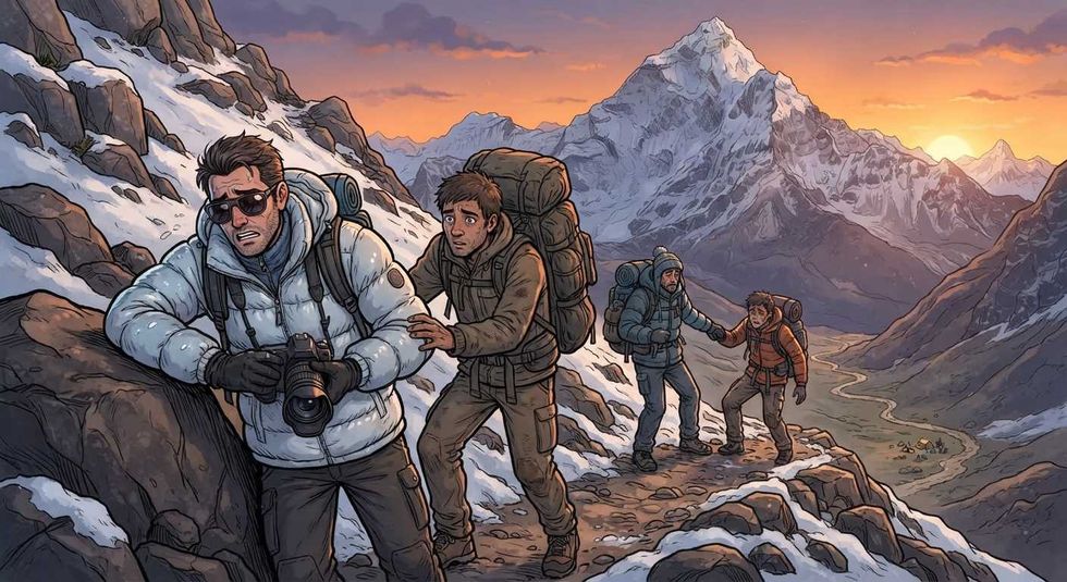 Four hikers trek up a snowy mountain trail at sunset, with backpacks and winter gear.