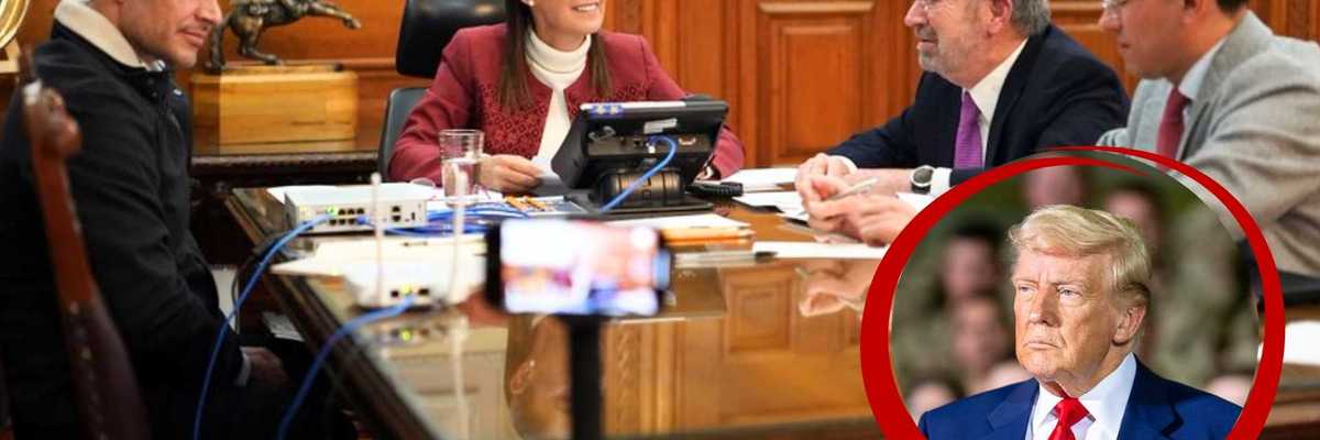 Four people in a meeting at a wooden table, inset of a serious man in a red circle.