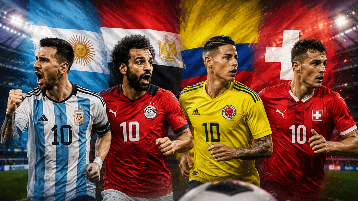 Four soccer players with national flags in the background.