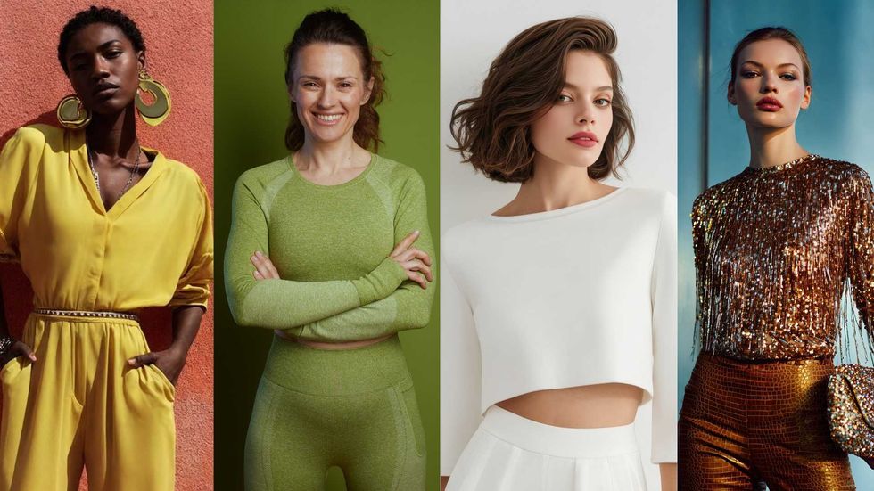 Four women in stylish outfits: yellow, green, white, and sequined gold clothing.