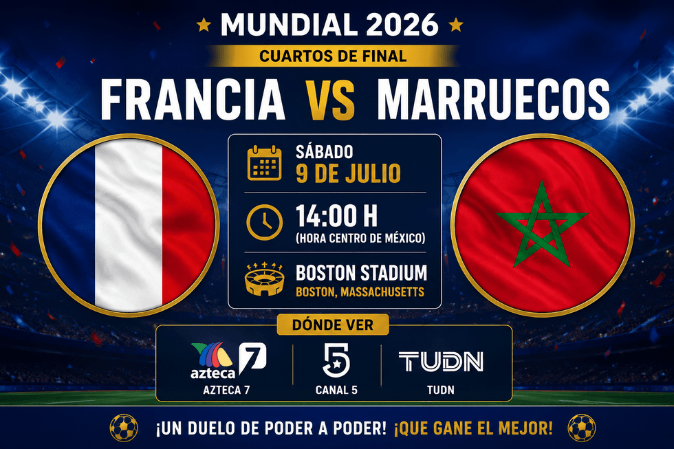 France vs Morocco, World Cup 2026 quarterfinal on July 9, 14:00, Boston Stadium.