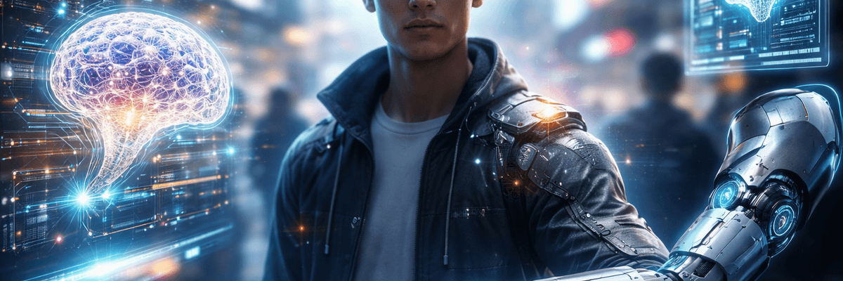 Futuristic man with robotic arm and virtual brain interface in a cyberpunk cityscape.