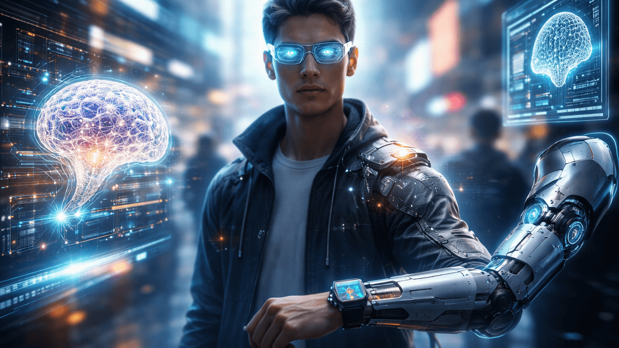 Futuristic man with robotic arm and virtual brain interface in a cyberpunk cityscape.