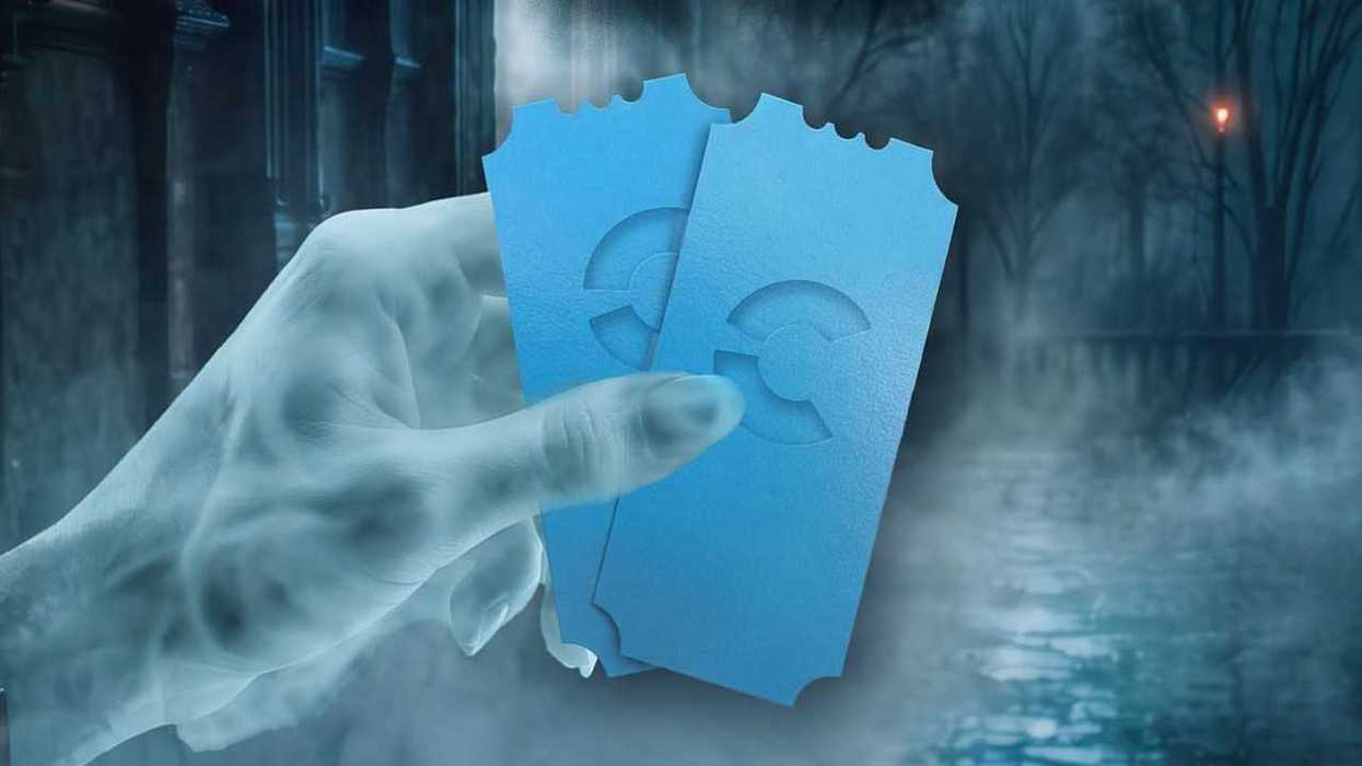 Ghostly hand holding two blue tickets in a misty, eerie forest setting.
