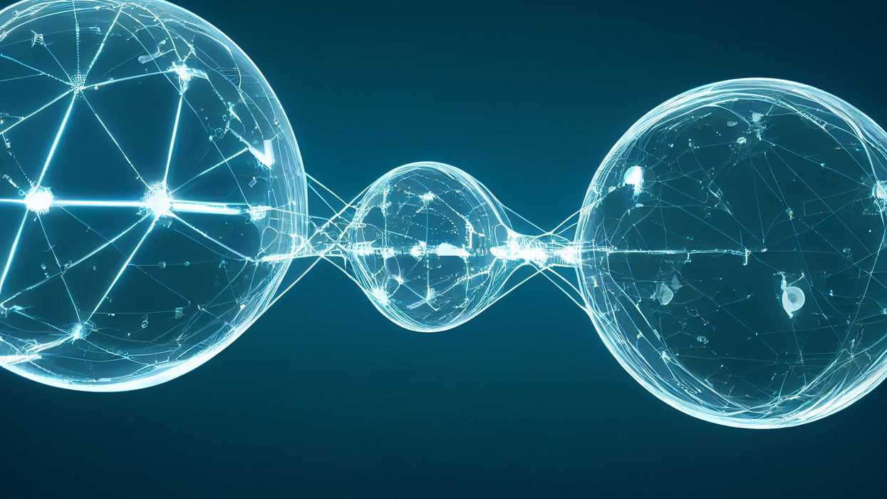 Glowing interconnected spheres with network lines on a dark background.
