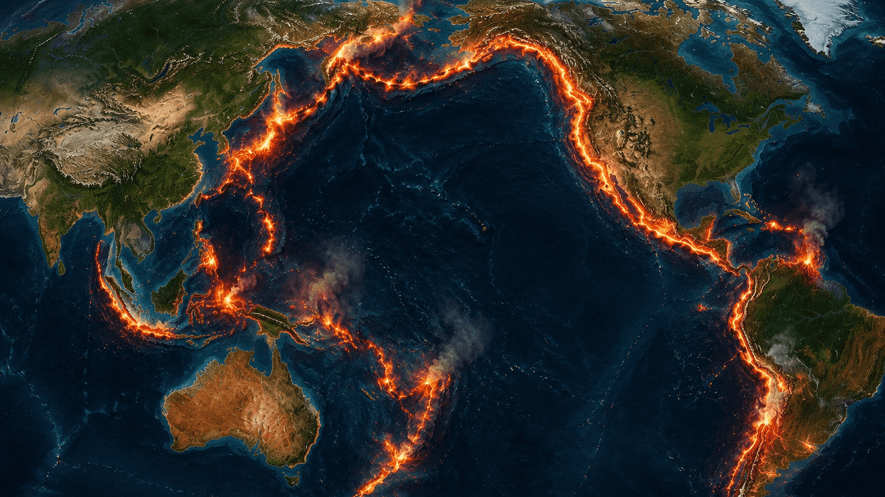Glowing map of the Pacific Ring of Fire, highlighting tectonic boundaries on a world map.