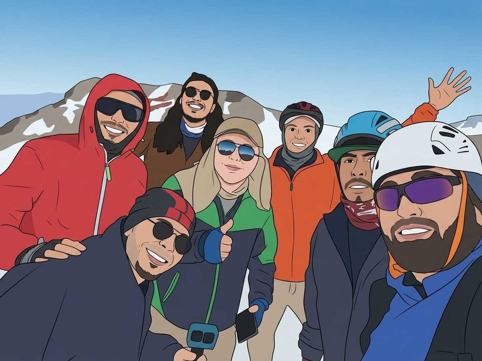 Group of friends in winter gear taking a selfie on a snowy mountain.