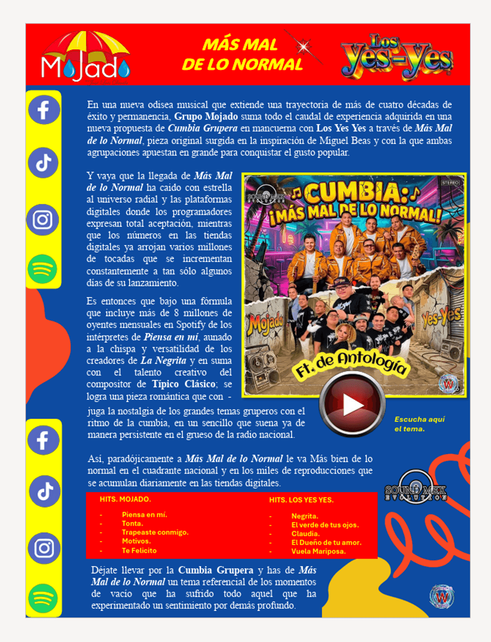 Grupo Mojado y Los Yey-Yes presentan su colaboraci\u00f3n musical \u201cM\u00e1s Mal de lo Normal\u201d.