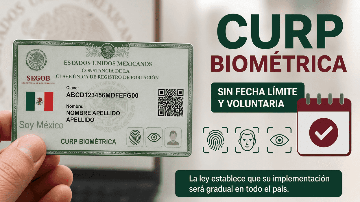 Hand holding a Mexican biometric CURP card, with text about voluntary adoption.