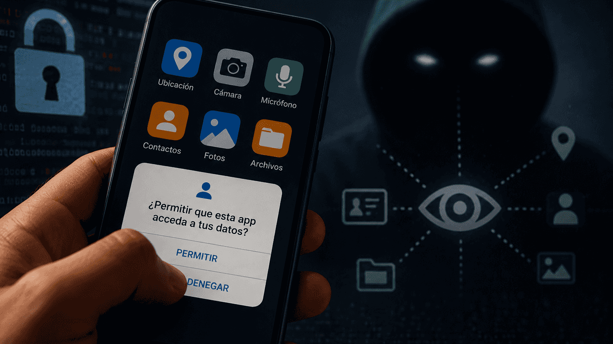 Hand holding a phone with app permissions request; hooded figure in background.