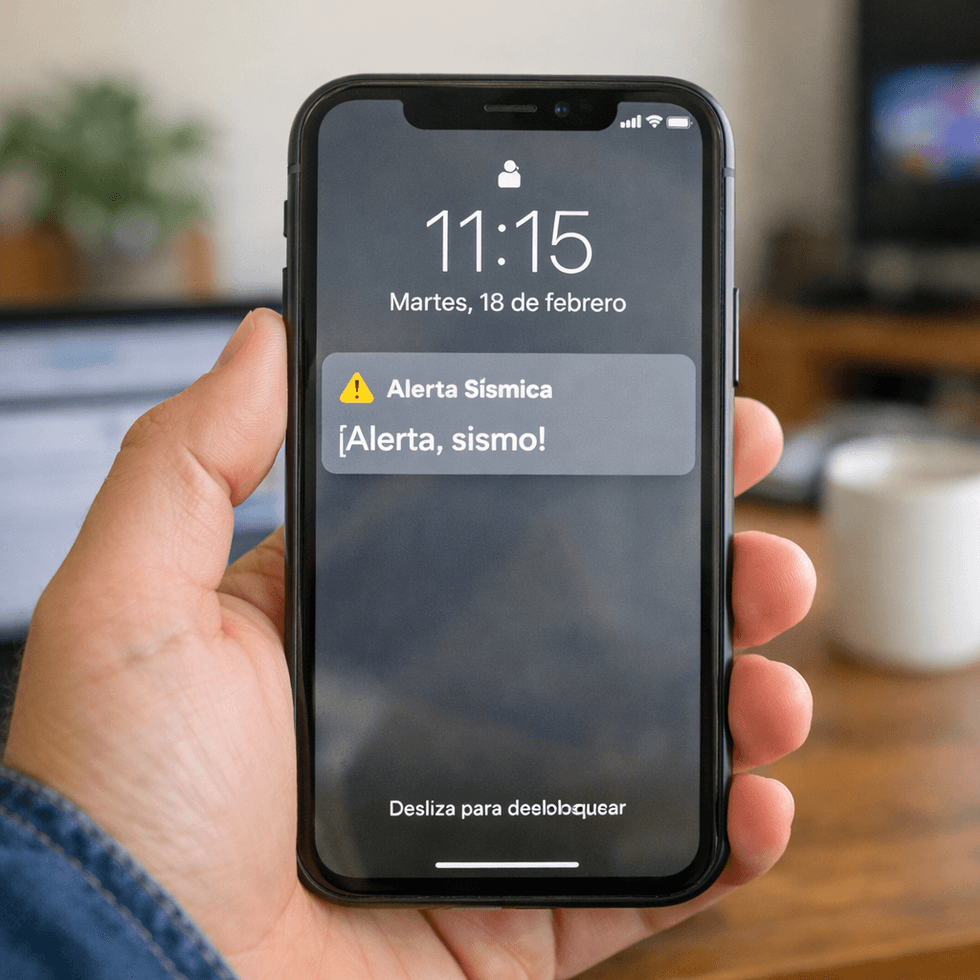Hand holding phone displaying an earthquake alert, "\u00a1Alerta, sismo!"
