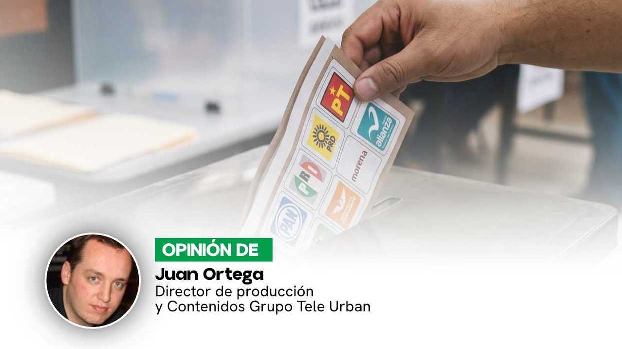 Hand placing a ballot in a box with logos of various political parties.