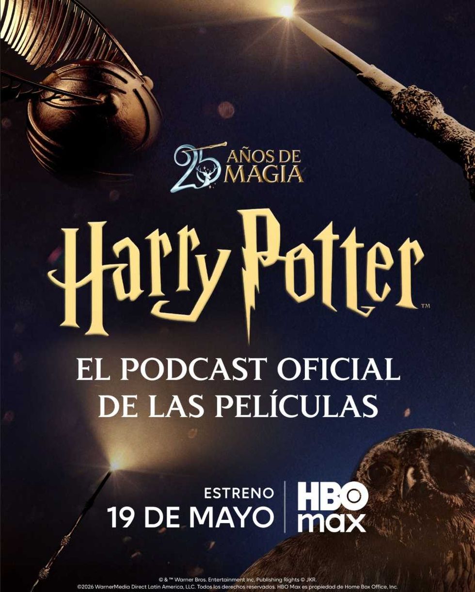 Harry Potter podcast promo with a wand, Golden Snitch, and owl, releasing May 19 on HBO Max.