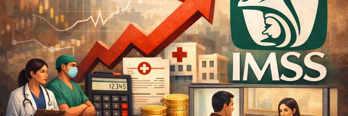 Healthcare growth: doctors, financial symbols, and IMSS logo with upward arrow.