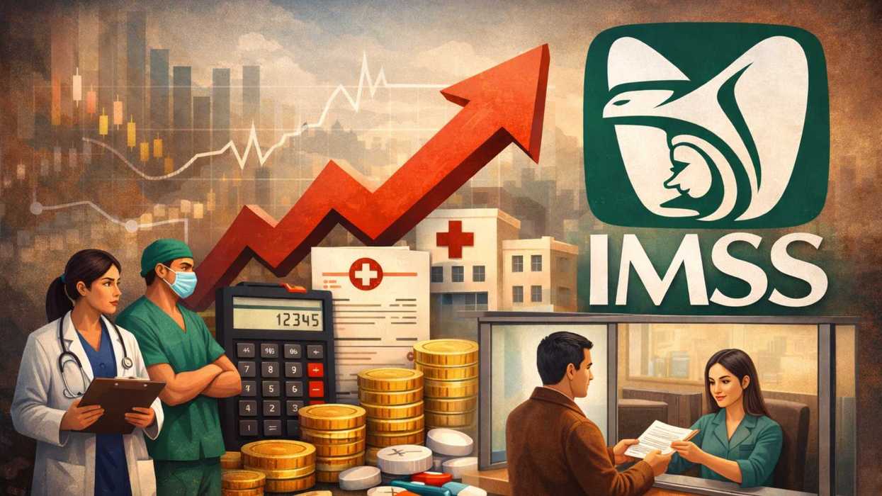 Healthcare growth: doctors, financial symbols, and IMSS logo with upward arrow.
