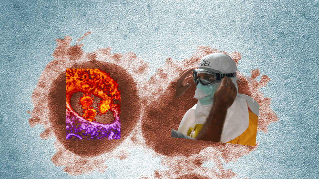 Healthcare worker in PPE with virus imagery background.
