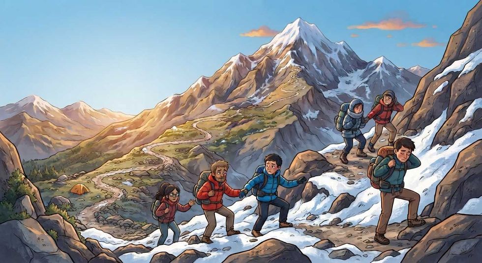 Hikers in colorful gear ascend a snowy mountain trail under a clear sky.