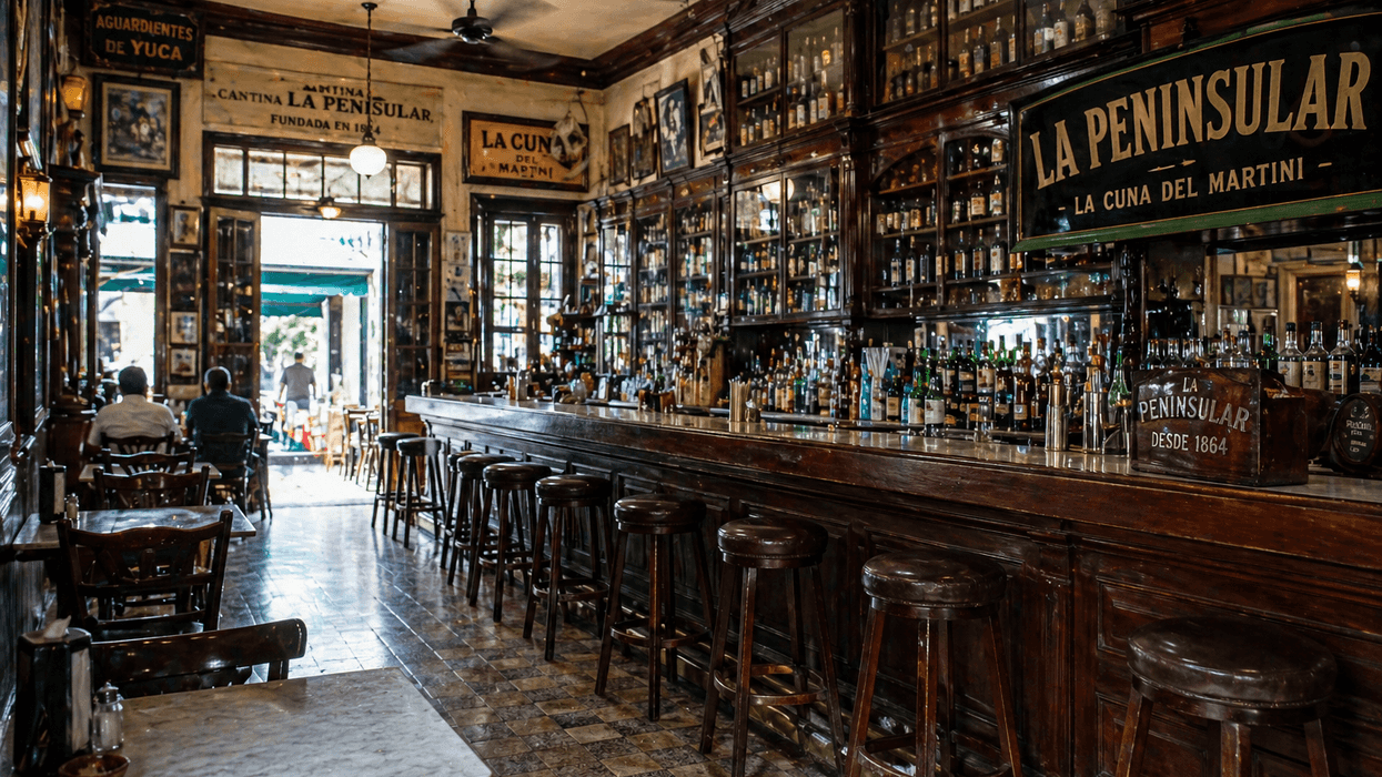 Historic bar interior with a long counter, stools, and vintage decor.