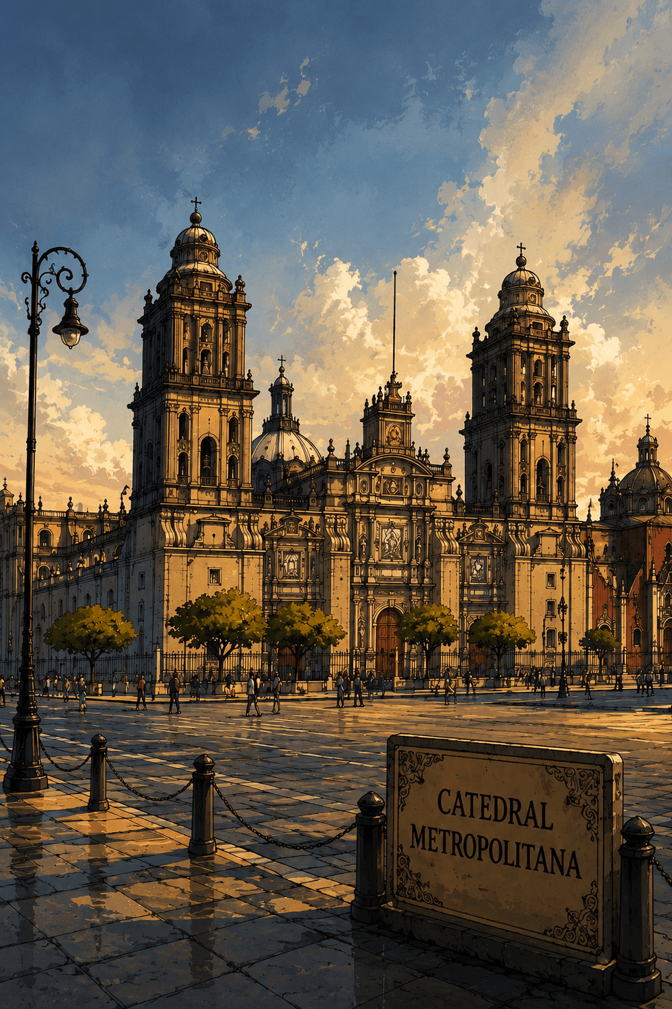 Historic cathedral under a dramatic sky, with trees and people in the foreground.