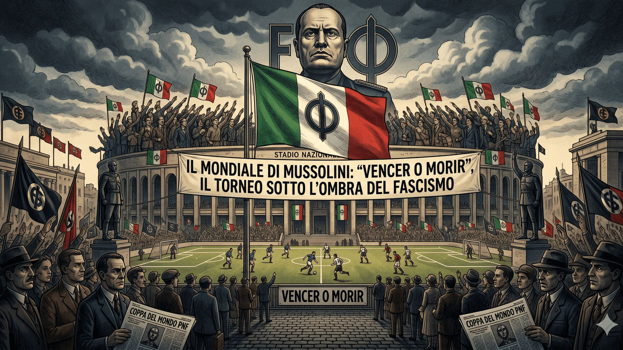 Historic football scene with fascist flags and propaganda banners in a large stadium.