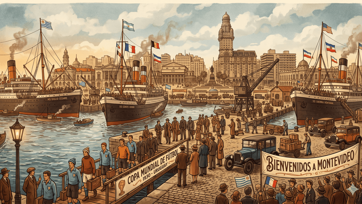 Historic Montevideo harbor scene, 1930 World Cup arrivals, bustling with ships and people.
