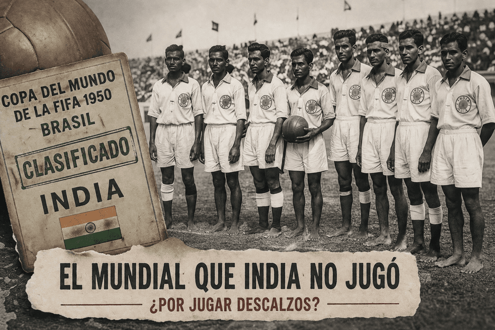 Historical photo of barefoot Indian football team, 1950 World Cup, with Spanish text overlay.