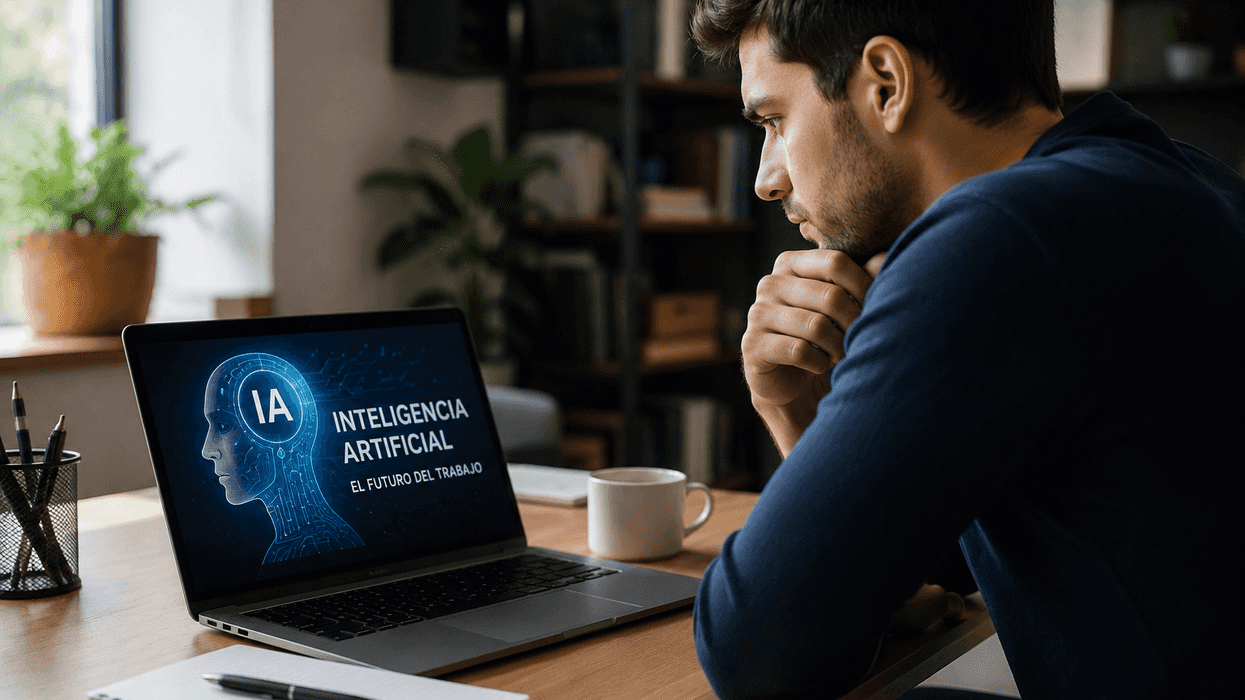 Hombre frente a una computadora portátil en una oficina en casa mientras observa IA