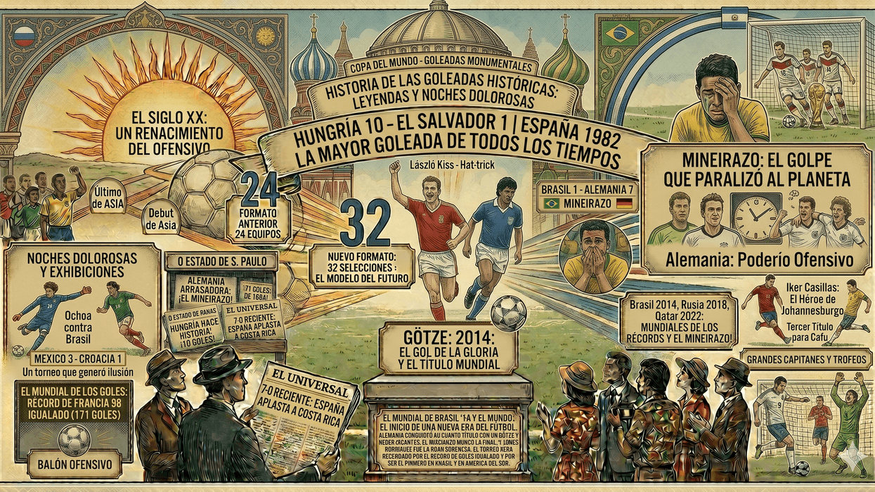 Illustrated history of notable World Cup moments and legendary soccer events.