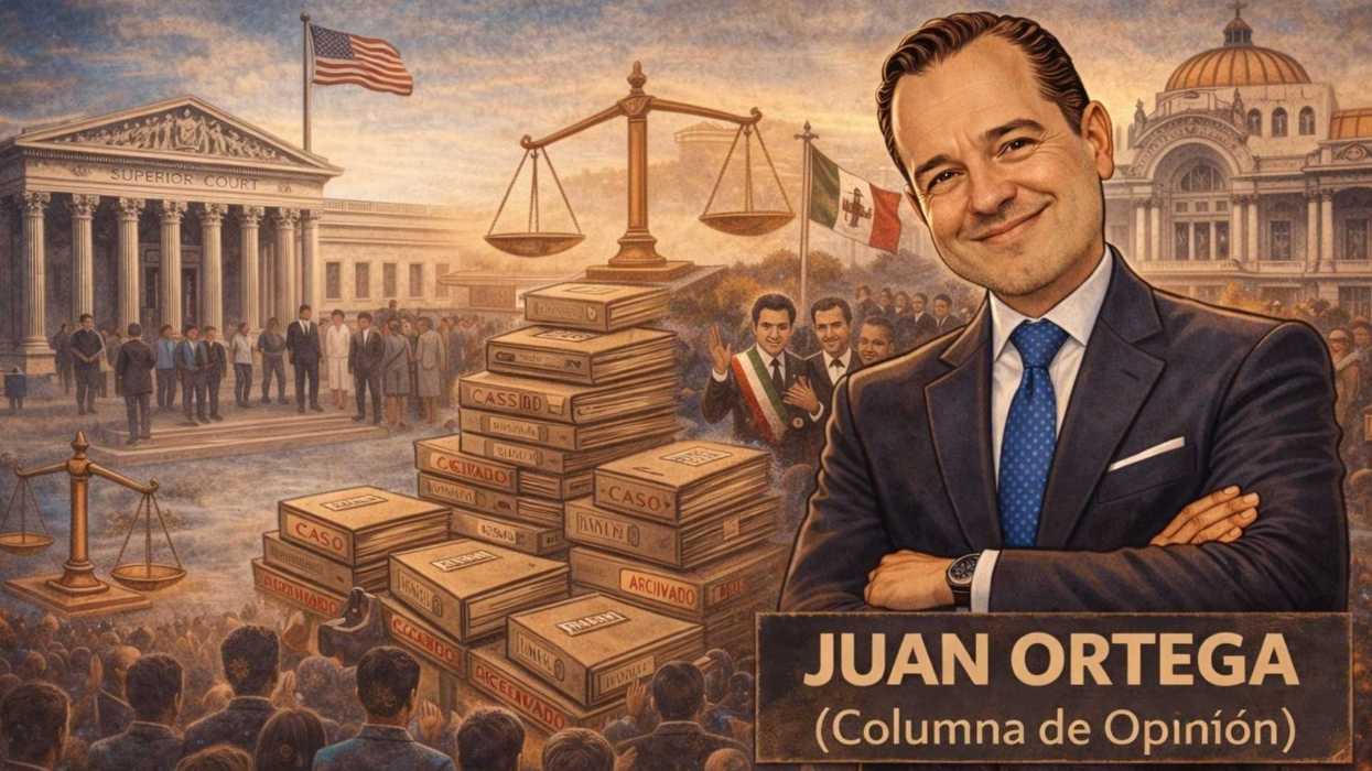 Illustrated man in suit, courthouse, flags, and stacked legal files; "Juan Ortega" text.