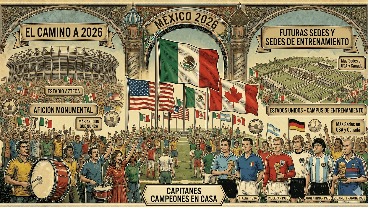 Illustrated poster for Mexico 2026 World Cup, featuring stadiums and past champions.