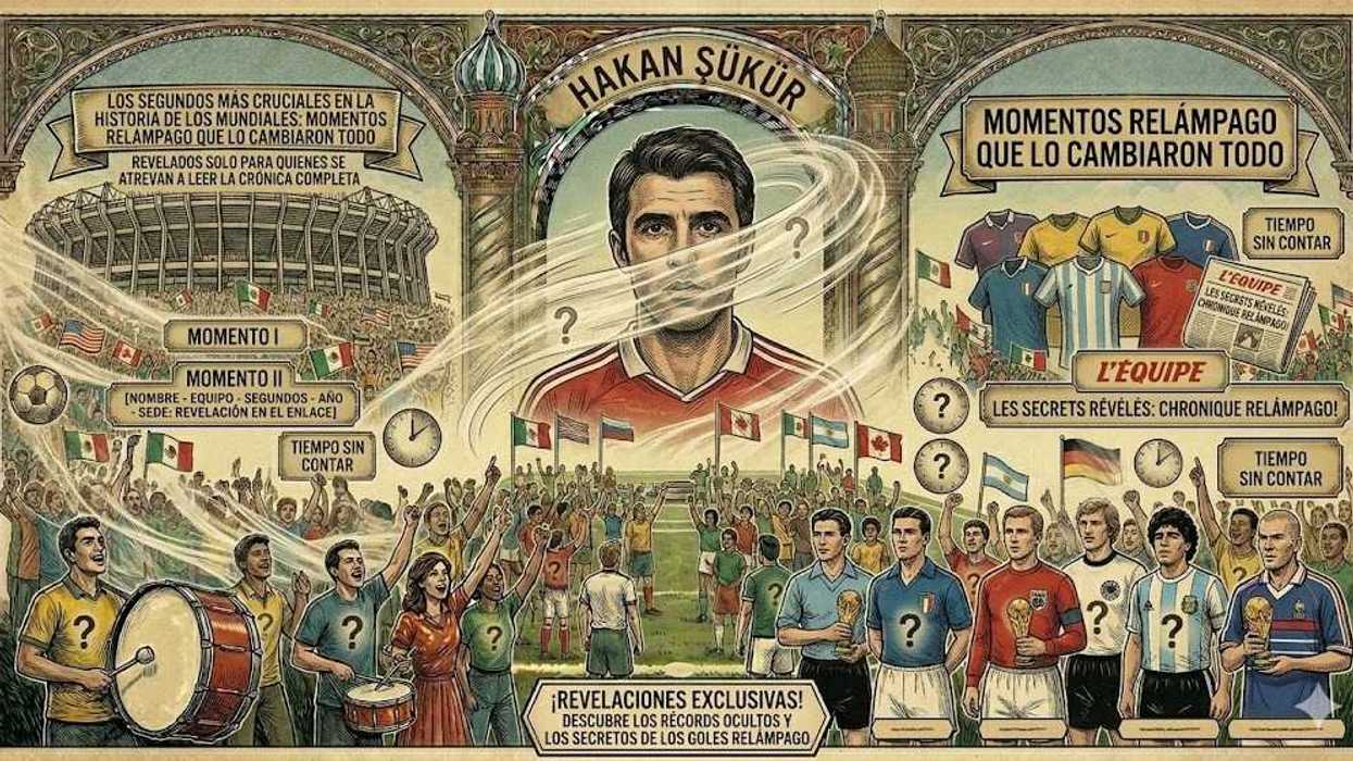Illustrated poster highlighting iconic World Cup moments and players with a central soccer theme.