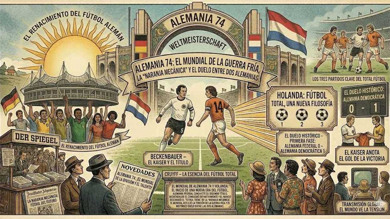 Illustrated poster of the 1974 World Cup with German and Dutch soccer themes.