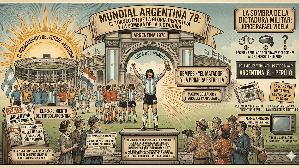 Illustrated poster of the 1978 FIFA World Cup in Argentina with historical details.