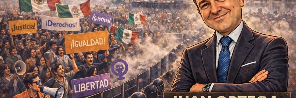 Illustrated protest with signs; man in suit labeled "Juan Ortega (Columna de Opinión)."