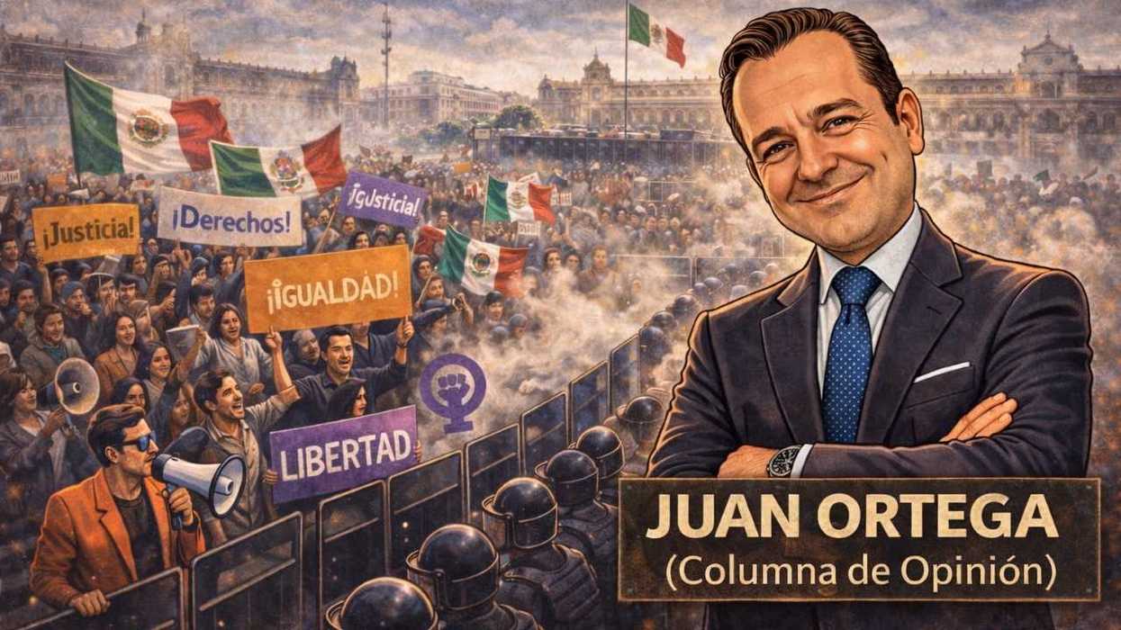 Illustrated protest with signs; man in suit labeled "Juan Ortega (Columna de Opinión)."