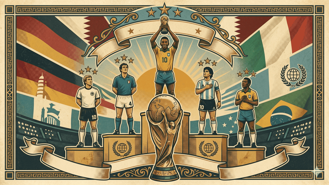 Illustrated soccer legends on a podium with flags and a trophy.