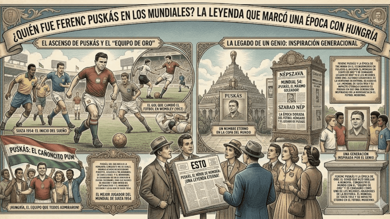 Illustrated tribute to Ferenc Puskás, highlighting his football legacy with Hungary.