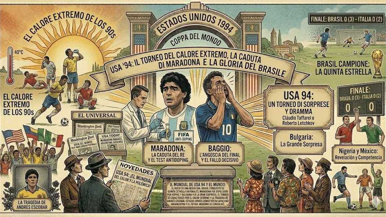 Illustrated USA 1994 World Cup summary, highlighting Maradona and Brazil's victory.