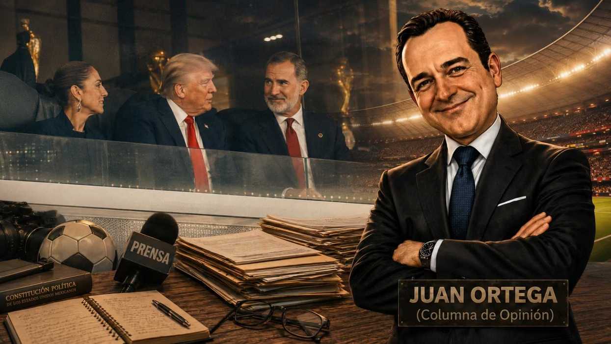 Illustration of a man in a suit, stadium VIPs, and press desk with a microphone.
