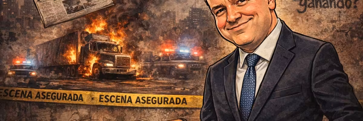 Illustration of a man in a suit with a burning truck and police scene in the background.