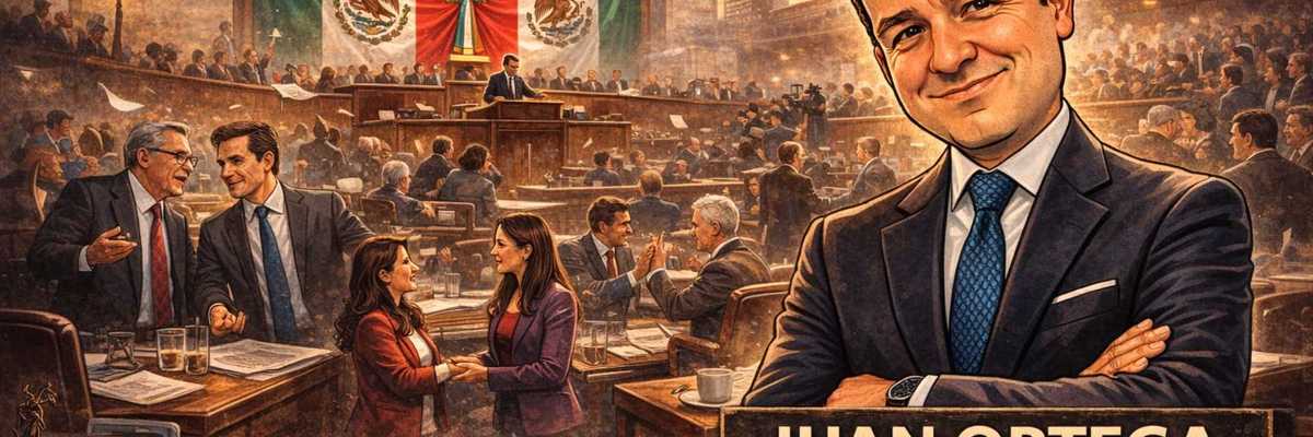 Illustration of a man in suit before a bustling congress scene with a Mexican flag.