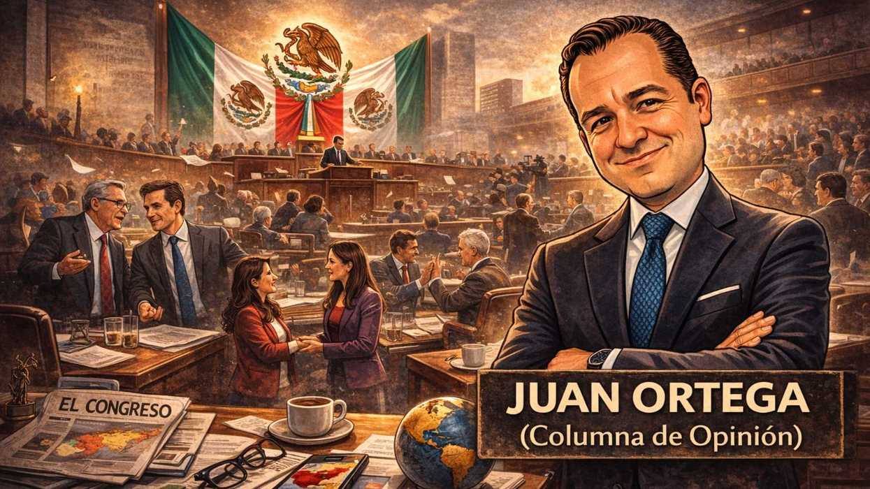 Illustration of a man in suit before a bustling congress scene with a Mexican flag.